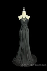 Vintage Mermaid Halter Gray Long Evening Prom Gown Fairy Evening Prom Dresses